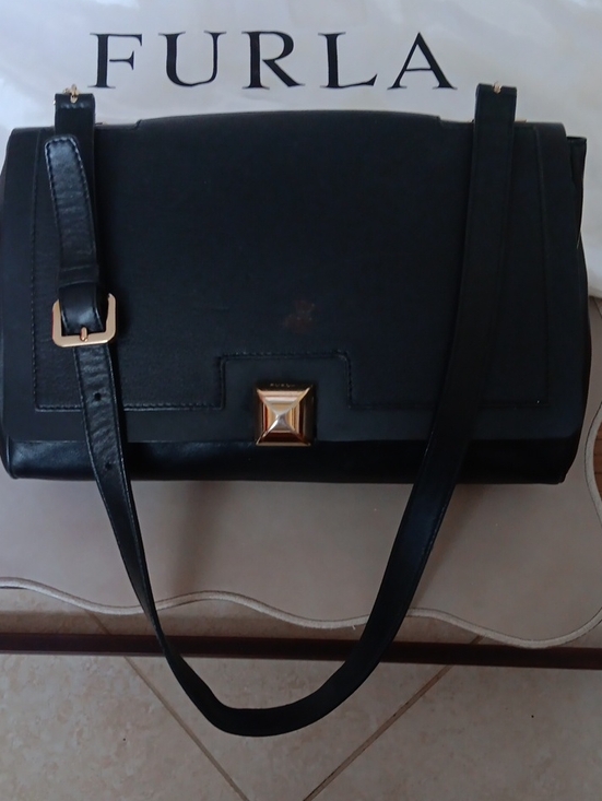Furla Handbags - Furla Black Leather Shoulder Bag with Gold Pyramid Clasp.Preloved